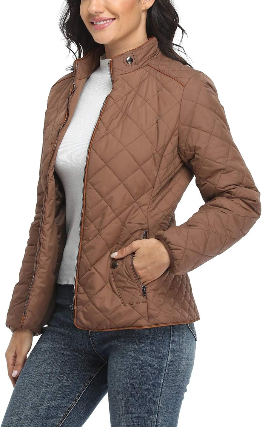 Women'S Lightweight Quilted Jacket Stand Collar Zip Warm Winter Coat Outwear W 2 Pockets