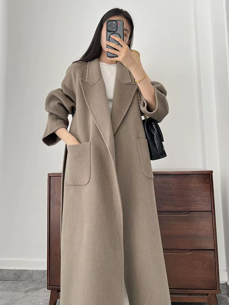 Office Lady Woolen Jackets 2024 Autumn and Winter Bathrobe Style Pocket Double-Sided Loose Lace -Up Tie Women'S Long Wool Coats