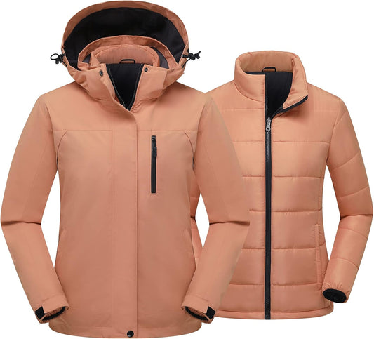 Women'S 3 in 1 Ski Jacket Mountain Waterproof Windproof Winter Snow Coat Hike Snowboarding Jackets Hooded Warm Raincoat