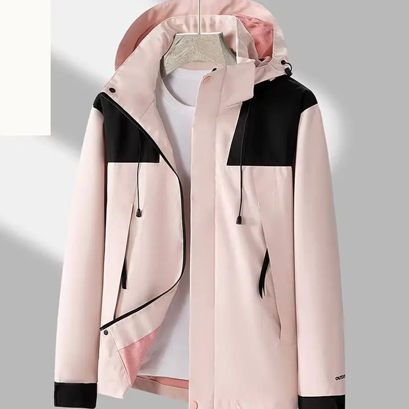 Women'S Waterproof Ski Jacket Unisex Outdoor Single Layer Jacket Mountain Windbreaker Hooded Raincoat Detachable Hat Coat