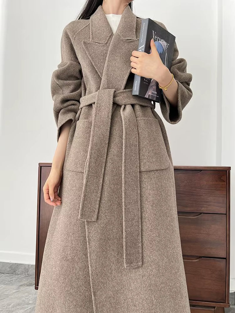 Office Lady Woolen Jackets 2024 Autumn and Winter Bathrobe Style Pocket Double-Sided Loose Lace -Up Tie Women'S Long Wool Coats