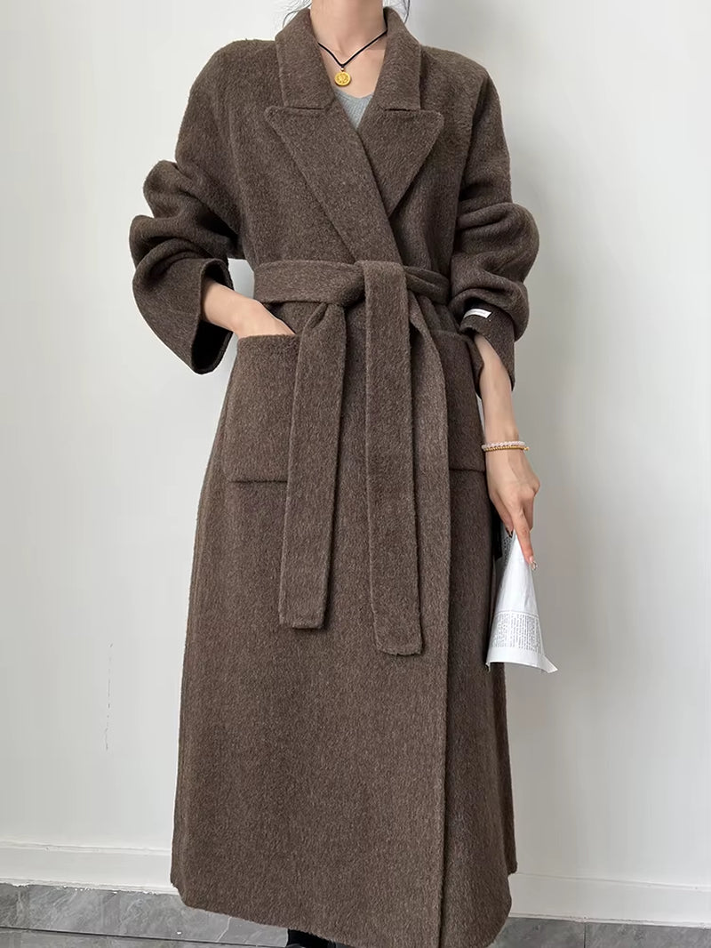 Office Lady Woolen Jackets 2024 Autumn and Winter Bathrobe Style Pocket Double-Sided Loose Lace -Up Tie Women'S Long Wool Coats